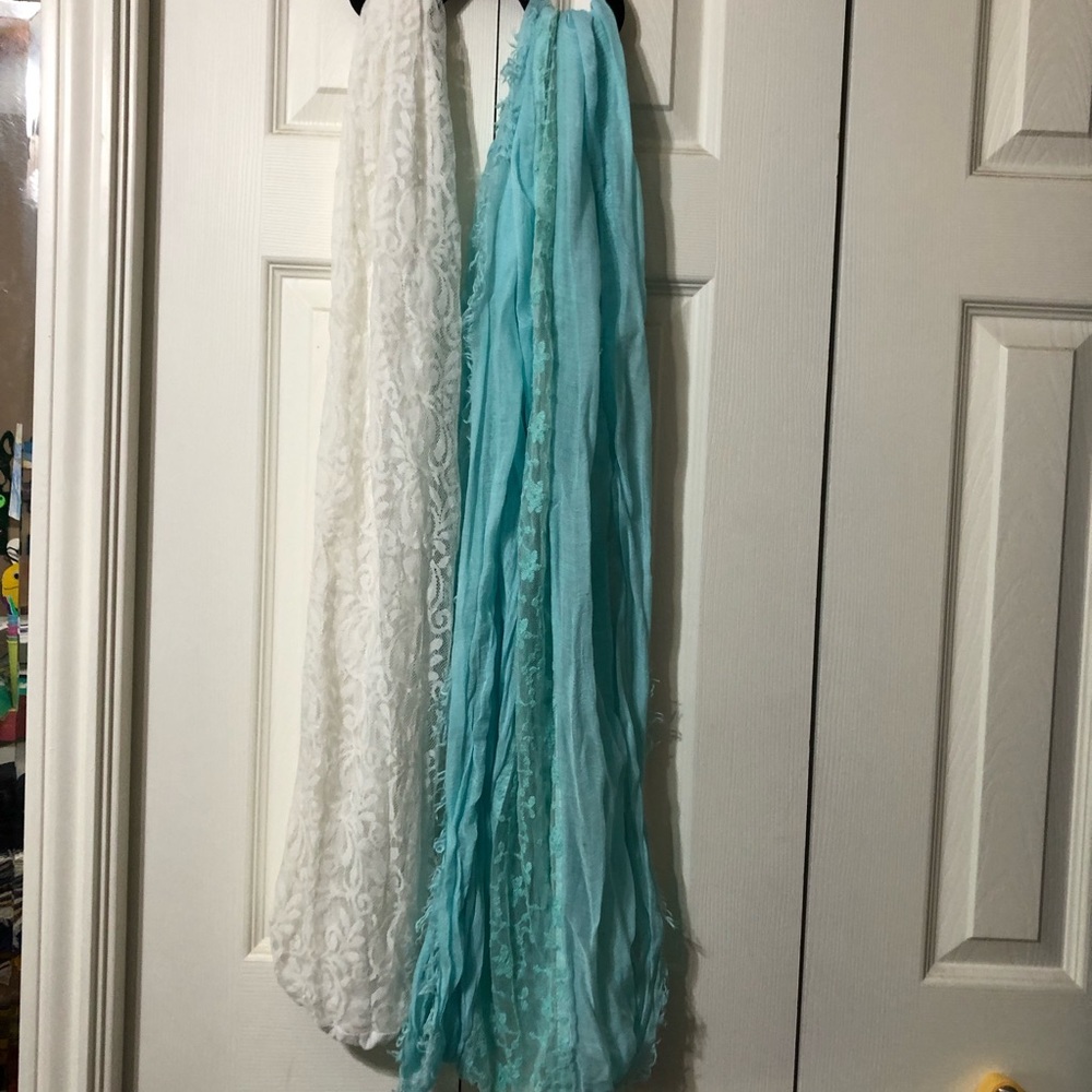 Set of 2 lacy infinity scarves, teal and white